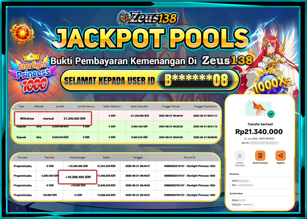 ZEUS138 STARLIGHT PRINCESS 1000 DICE Rp.21.340.000,LUNAS